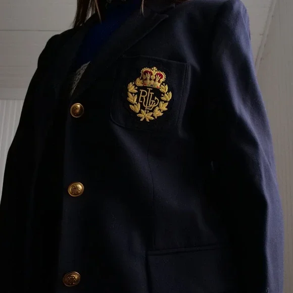 1990s Lauren Ralph Lauren gold bouillon crest navy wool twill blazer - Picture 2 of 9